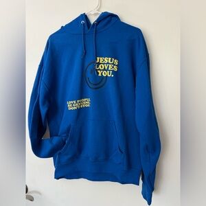 Jerzees Blue Hoodie with Positive Message Jesus Loves You Size Large